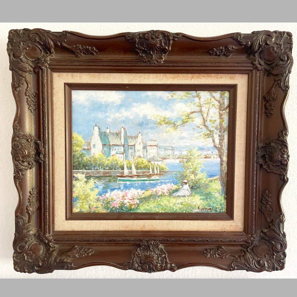 S. Parnell Original Landscape Painting in Vintage Ornate Wooden Picture Frame